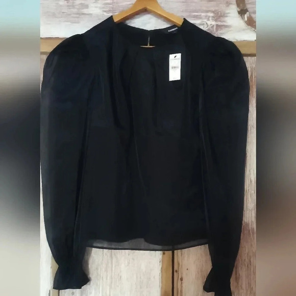 NEW Express black bouse w/ sheer overlay front/back, sheer ruffled sleeves s - Picture 1 of 7